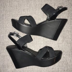Black, strappy wedge sandals